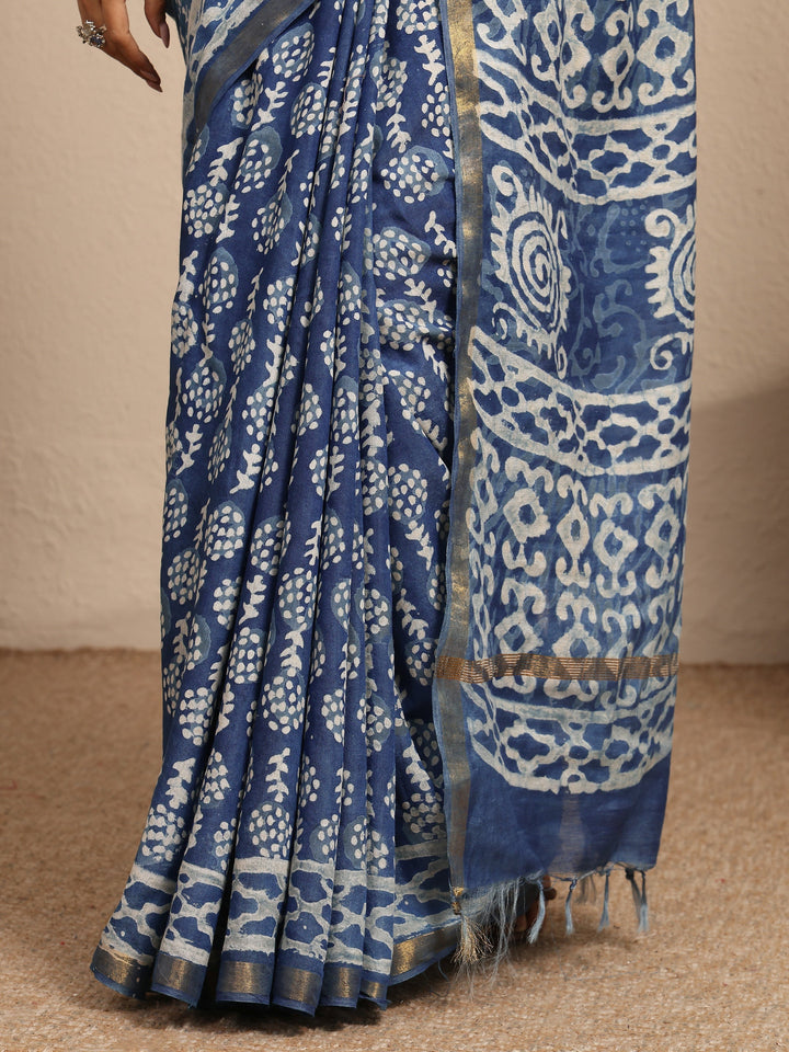 Blue Ikat Printed Cotton Saree With Unstitched Blouse Piece