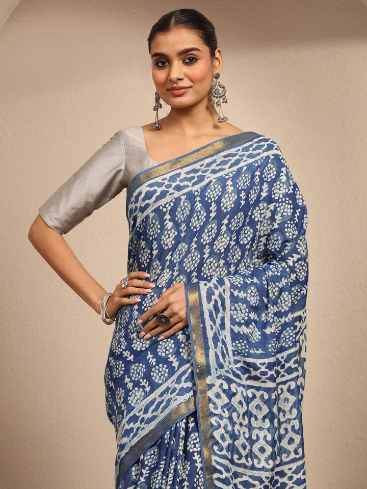 Blue Ikat Printed Cotton Saree With Unstitched Blouse Piece