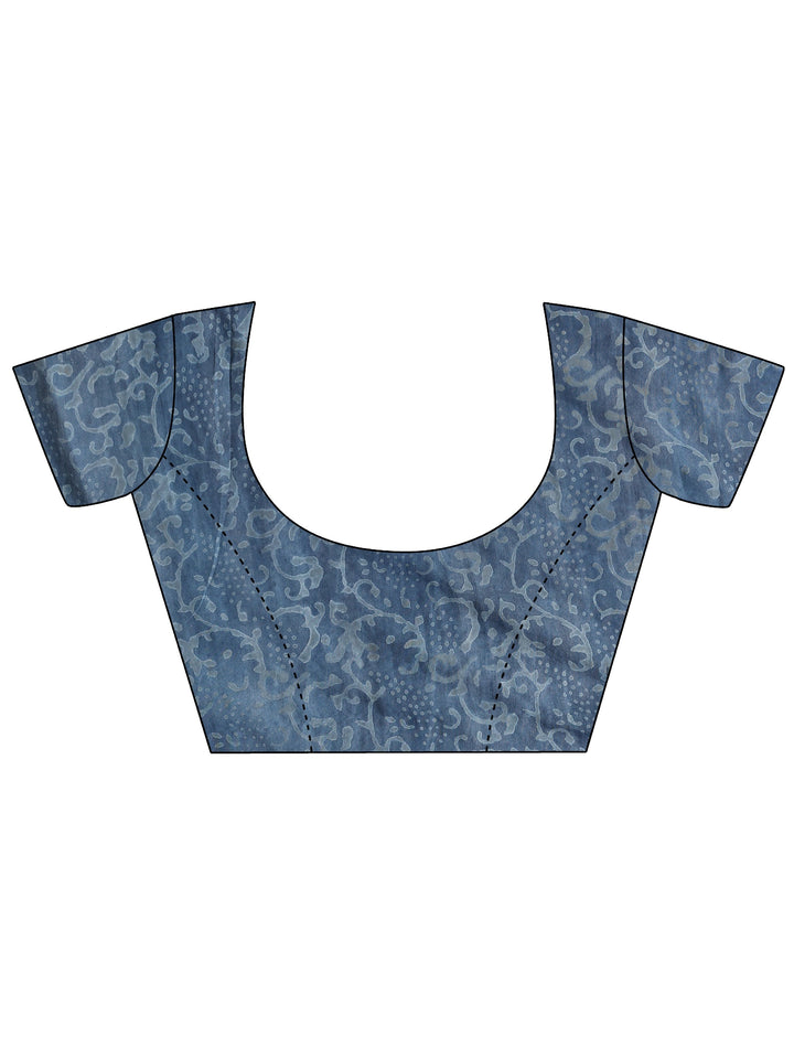 Blue Ikat Printed Cotton Saree With Unstitched Blouse Piece