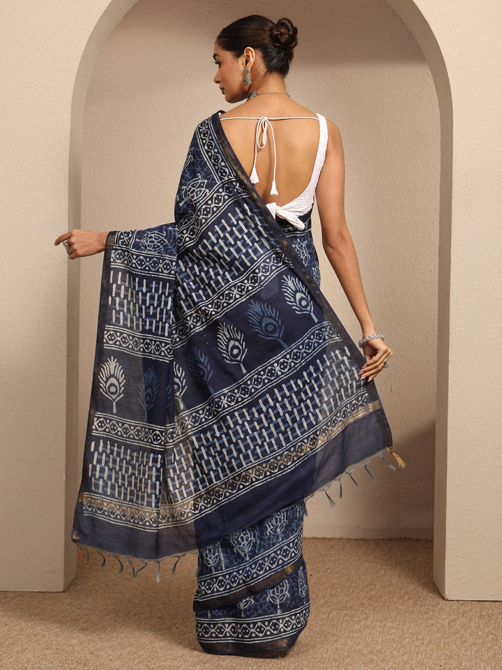 Blue Block Printed Cotton Saree With Unstitched Blouse Piece