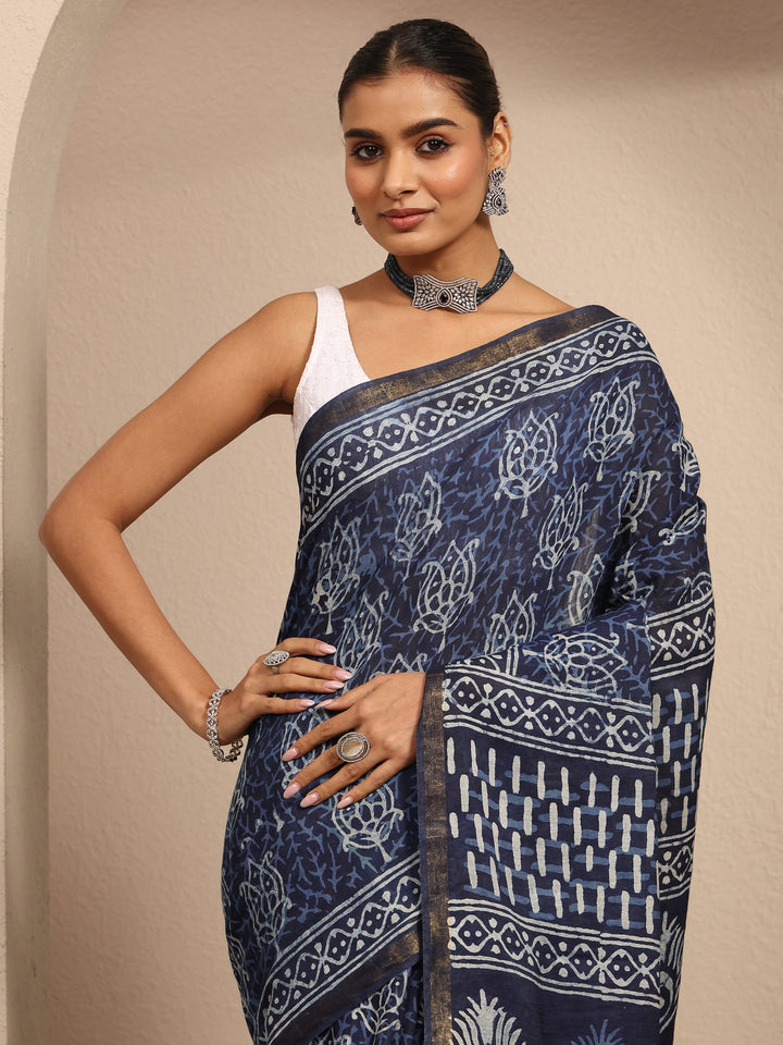 Blue Block Printed Cotton Saree With Unstitched Blouse Piece