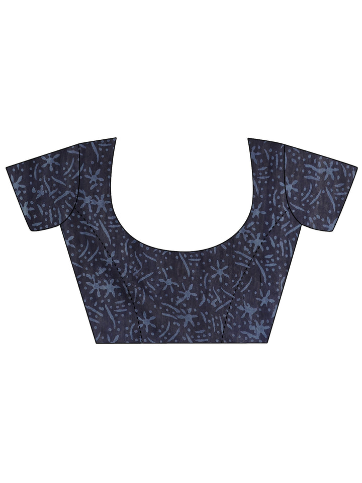 Blue Block Printed Cotton Saree With Unstitched Blouse Piece