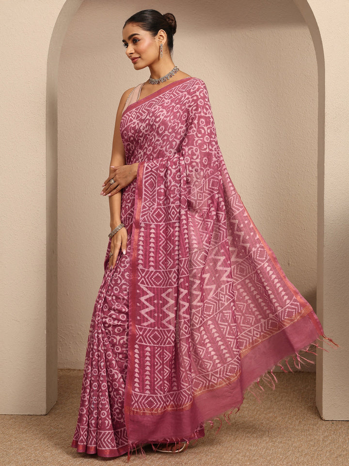 Pink Ikat Printed Cotton Saree With Unstitched Blouse Piece