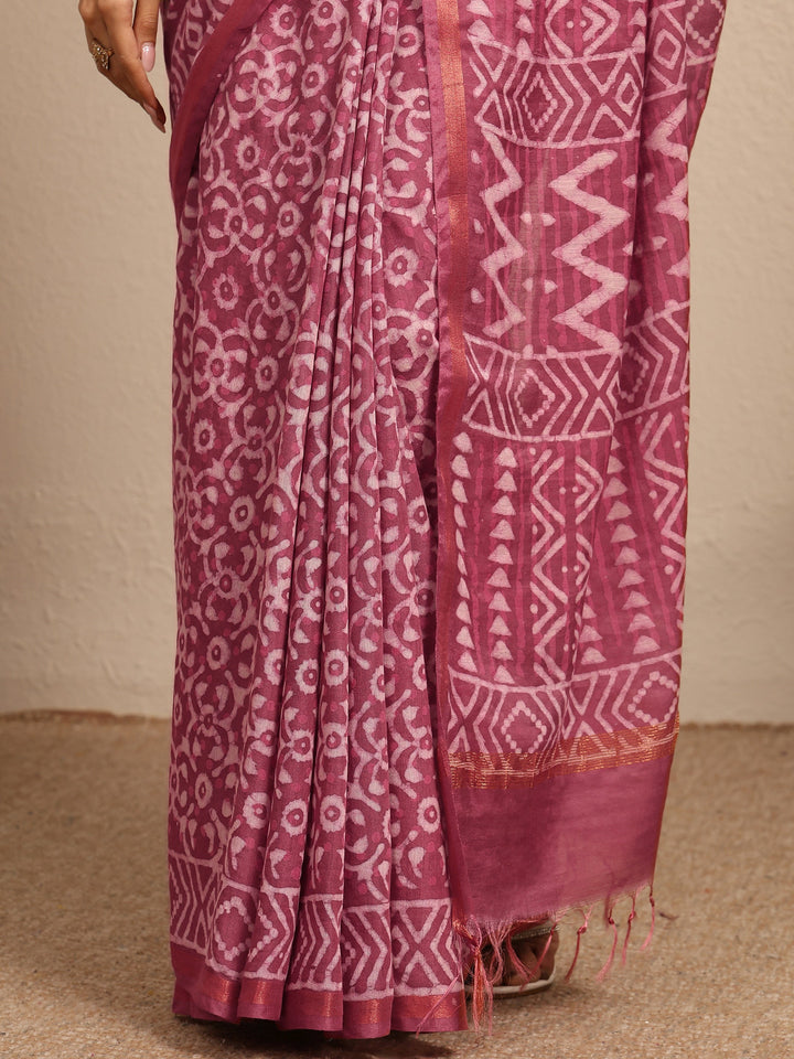 Pink Ikat Printed Cotton Saree With Unstitched Blouse Piece