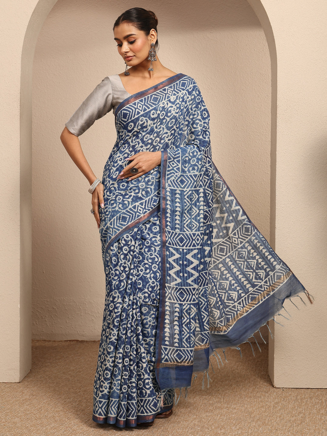 Blue Ikat Printed Cotton Saree With Unstitched Blouse Piece