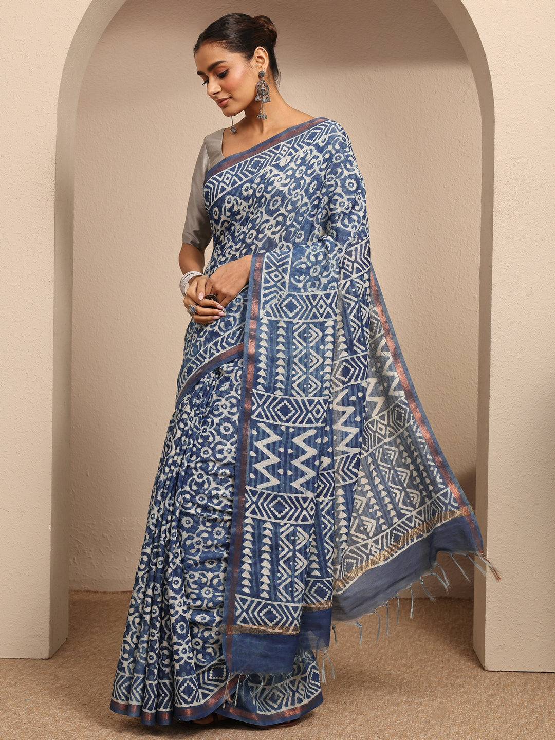 Blue Ikat Printed Cotton Saree With Unstitched Blouse Piece