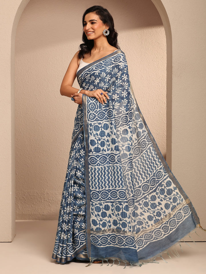 Blue Printed Cotton Saree With Unstitched Blouse Piece