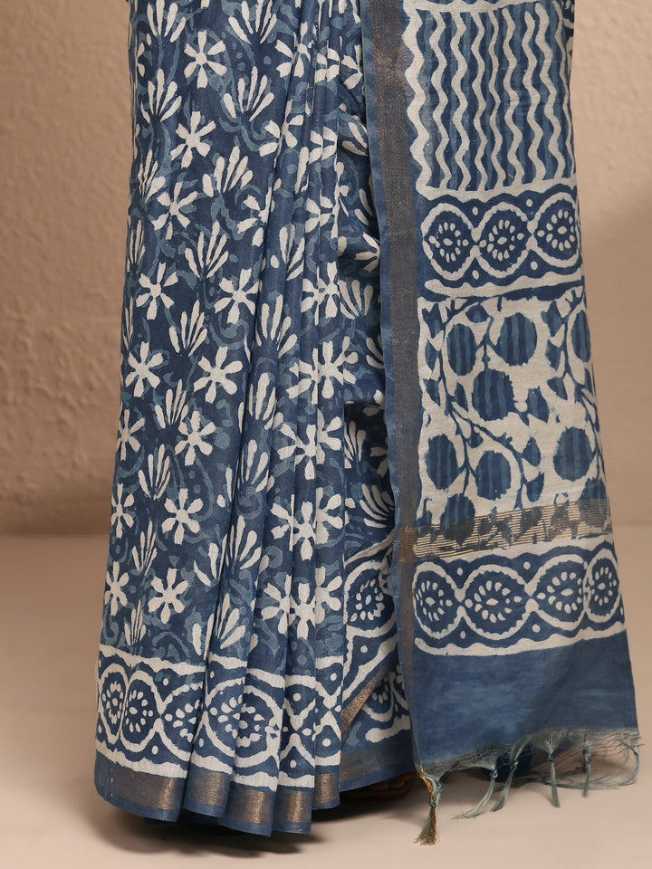 Blue Printed Cotton Saree With Unstitched Blouse Piece