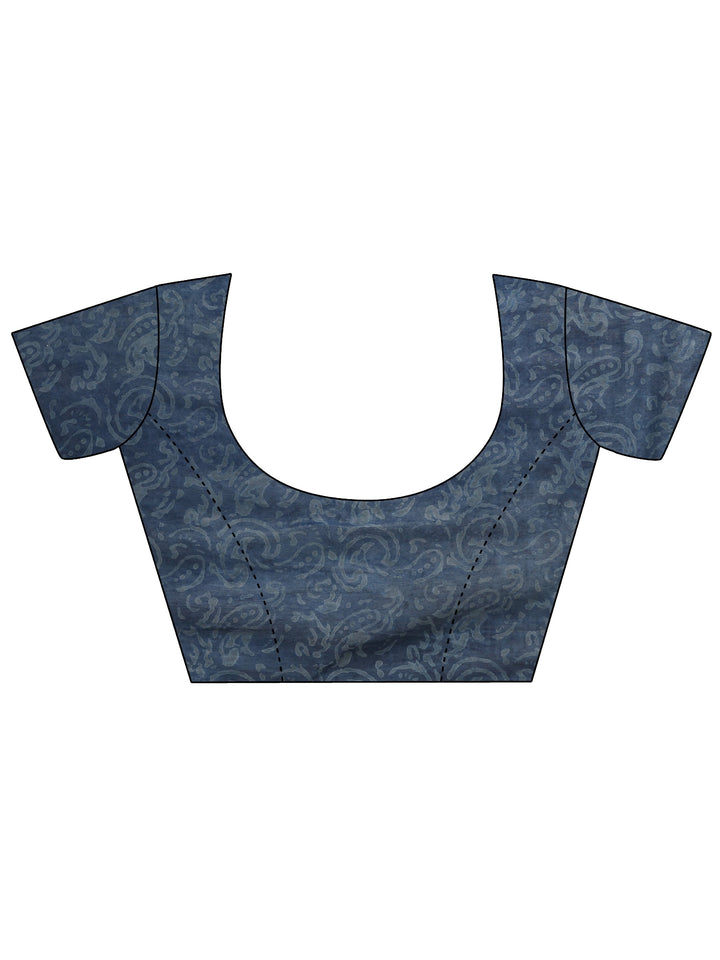Blue Printed Cotton Saree With Unstitched Blouse Piece