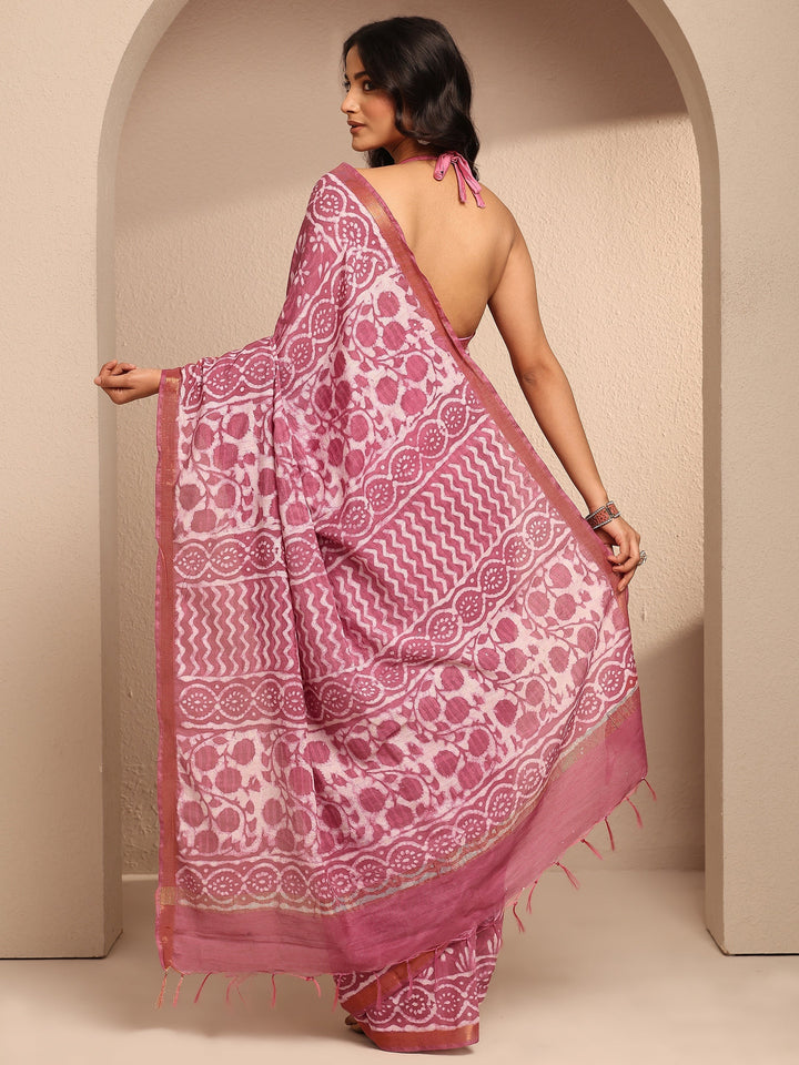 Pink Printed Cotton Saree With Unstitched Blouse Piece
