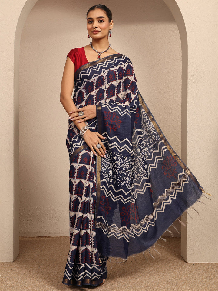Blue Tribal Printed Cotton Saree With Unstitched Blouse Piece
