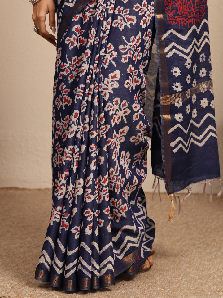 Blue Printed Cotton Saree With Unstitched Blouse Piece