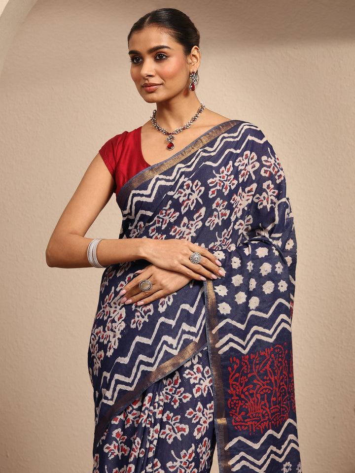 Blue Printed Cotton Saree With Unstitched Blouse Piece