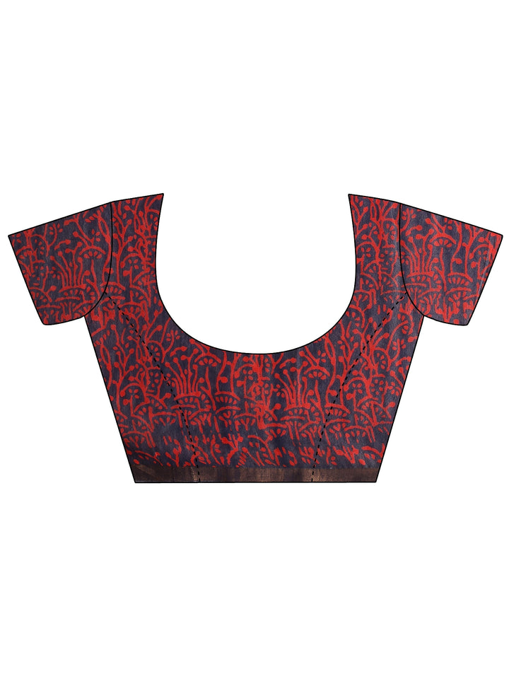 Blue Printed Cotton Saree With Unstitched Blouse Piece