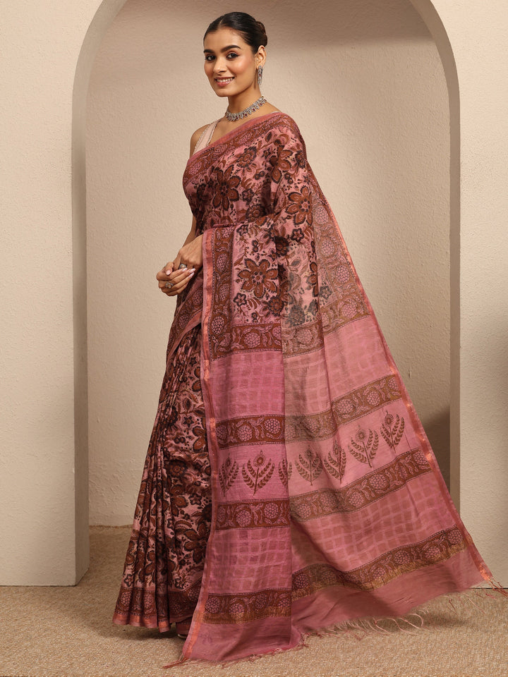 Pink Printed Cotton Saree With Unstitched Blouse Piece