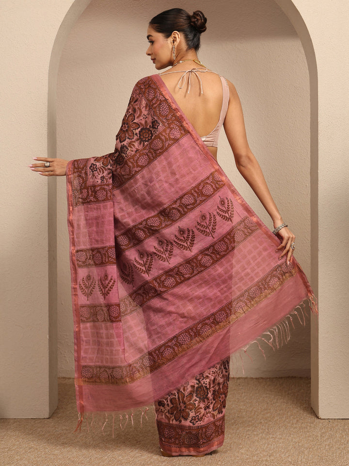 Pink Printed Cotton Saree With Unstitched Blouse Piece