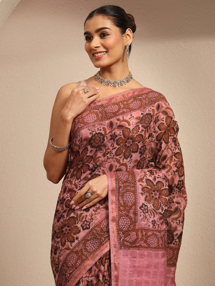 Pink Printed Cotton Saree With Unstitched Blouse Piece