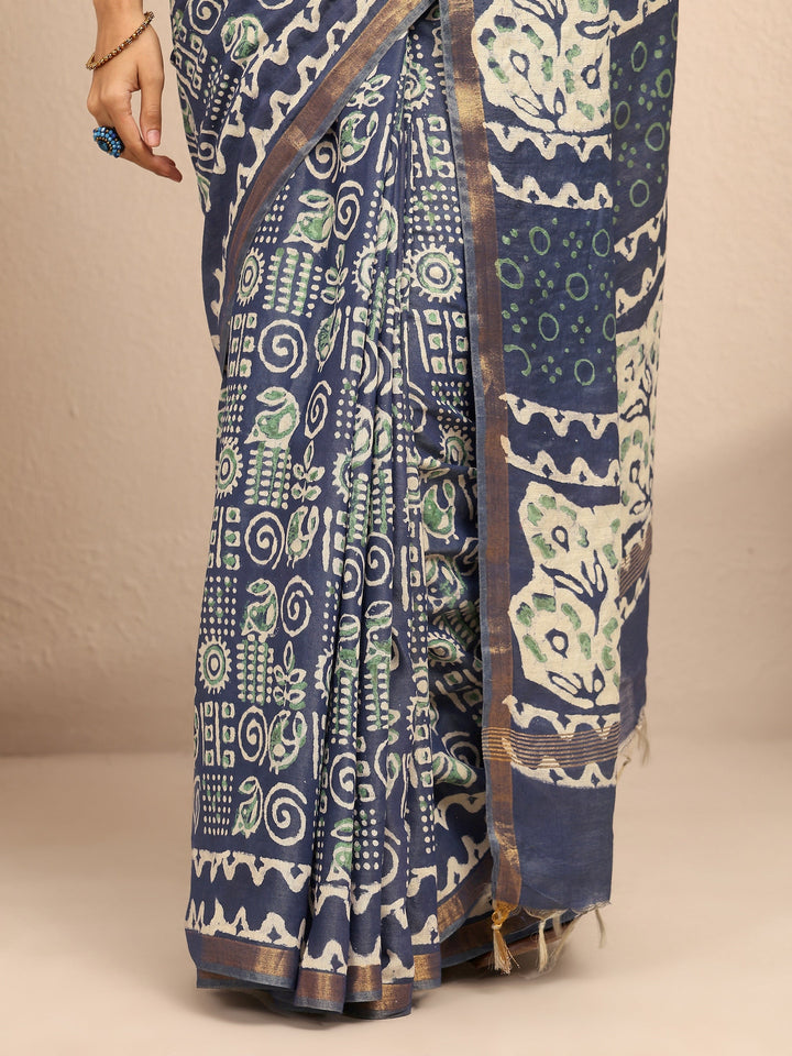 Blue Tribal Printed Cotton Saree With Unstitched Blouse Piece