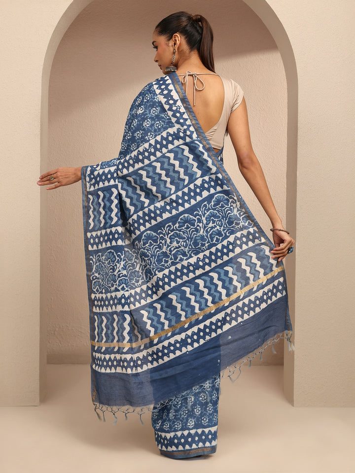 Blue Printed Cotton Saree With Unstitched Blouse Piece