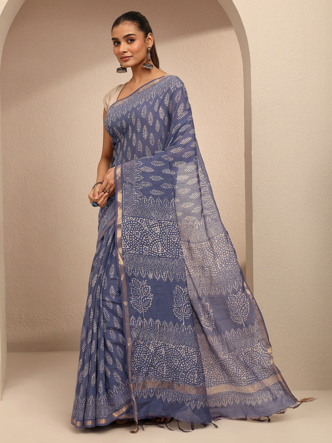 Blue Floral Printed Cotton Saree