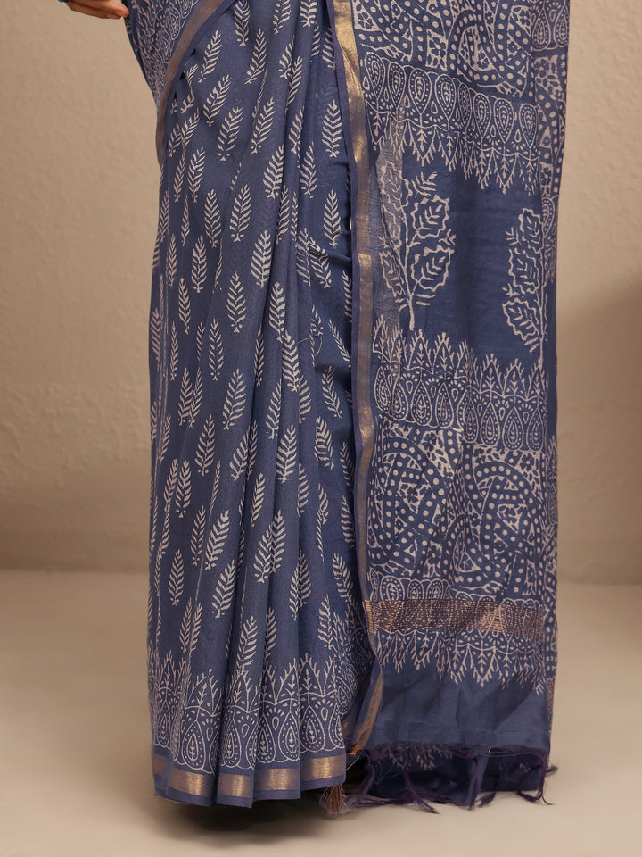 Blue Floral Printed Cotton Saree