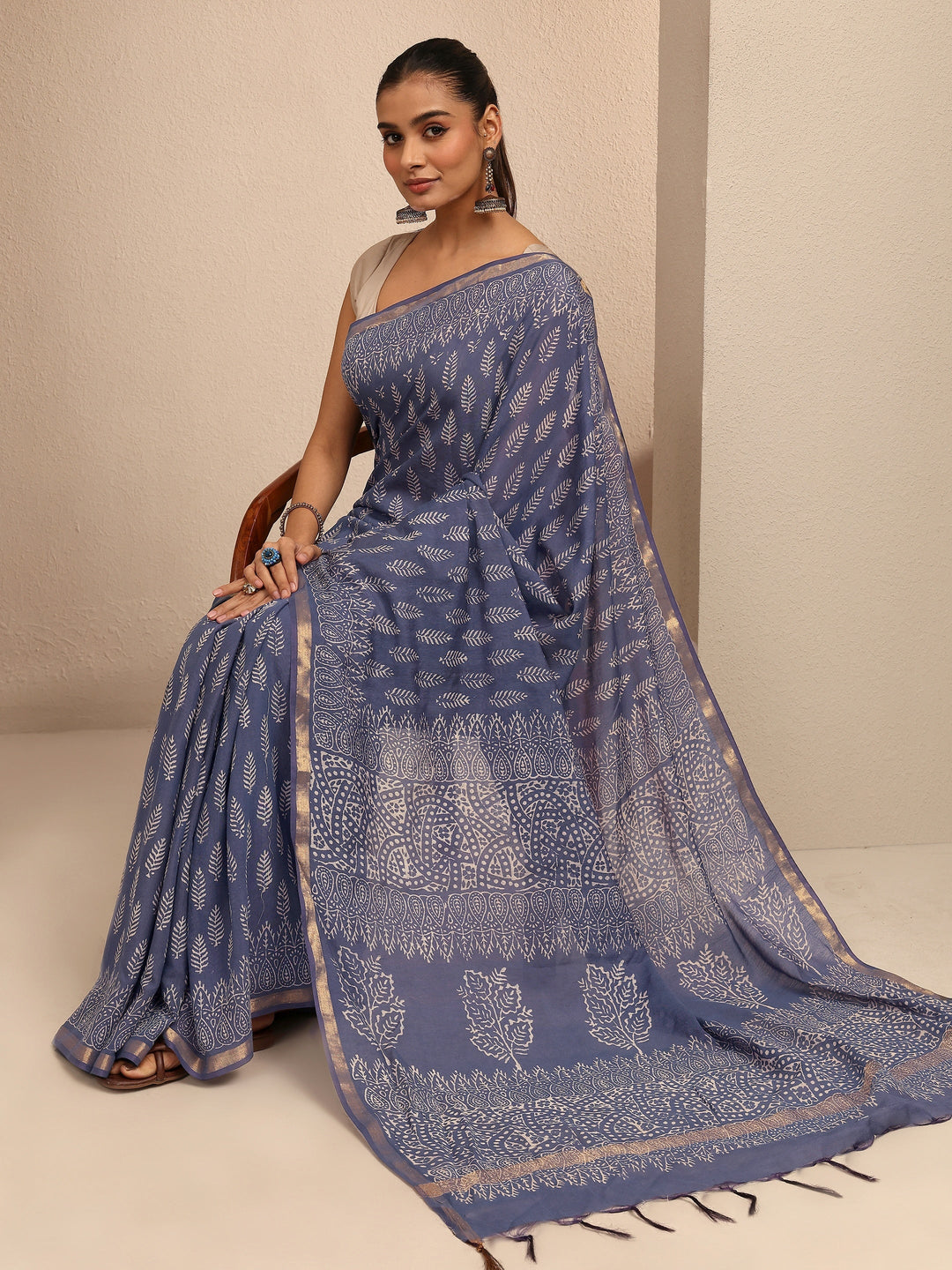 Blue Floral Printed Cotton Saree