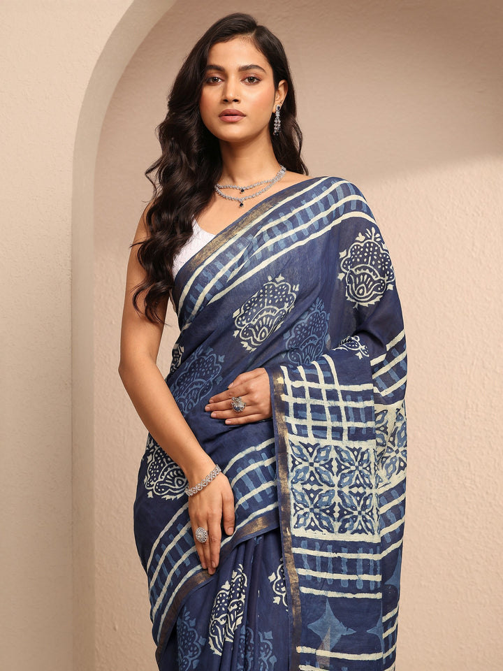Blue Block Printed Cotton Saree With Unstitched Blouse Piece