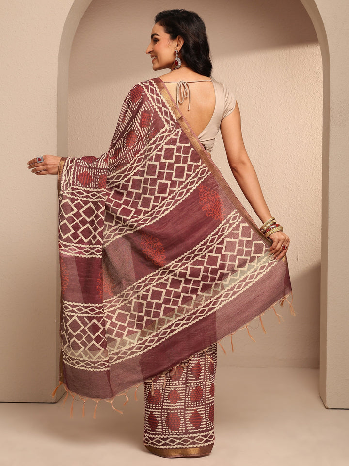Maroon Geometric Printed Cotton Saree With Unstitched Blouse Piece