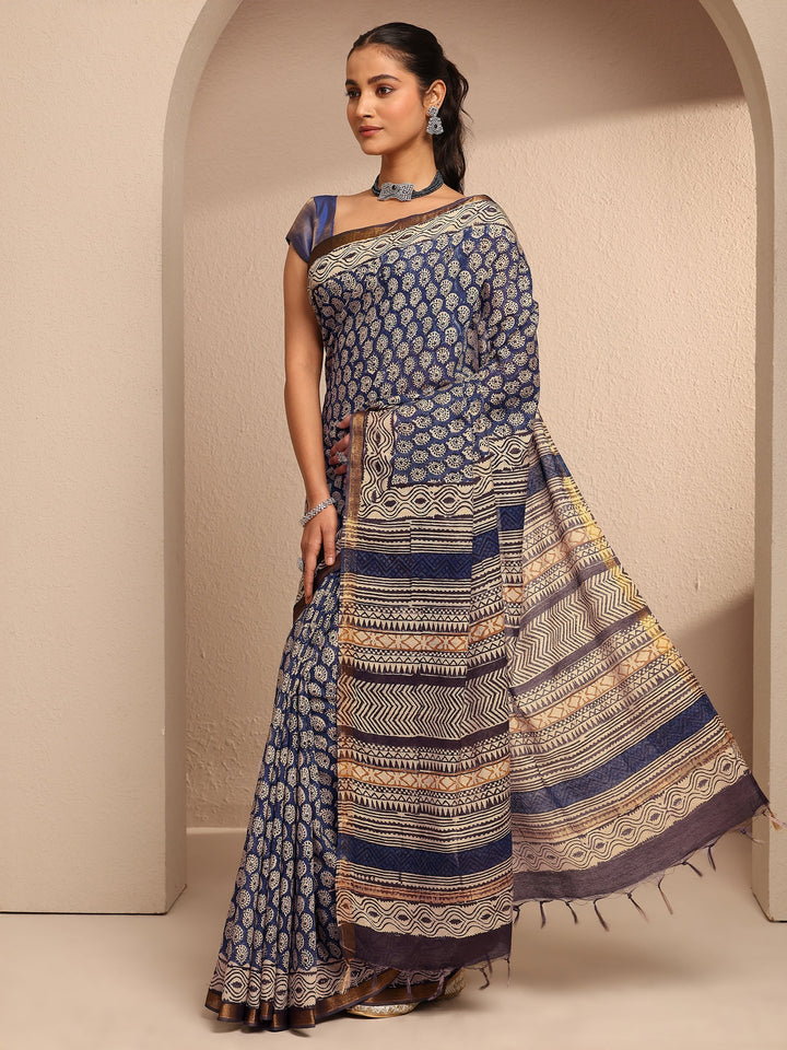 Blue Paisley Printed Cotton Saree With Unstitched Blouse Piece