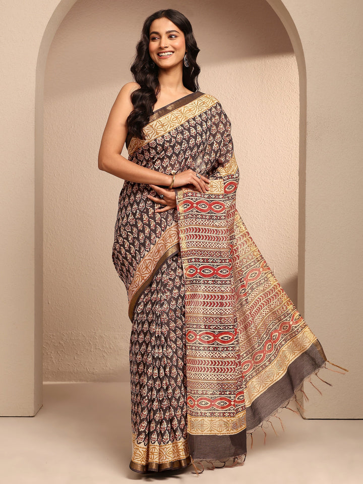 Black Printed Cotton Saree With Unstitched Blouse Piece