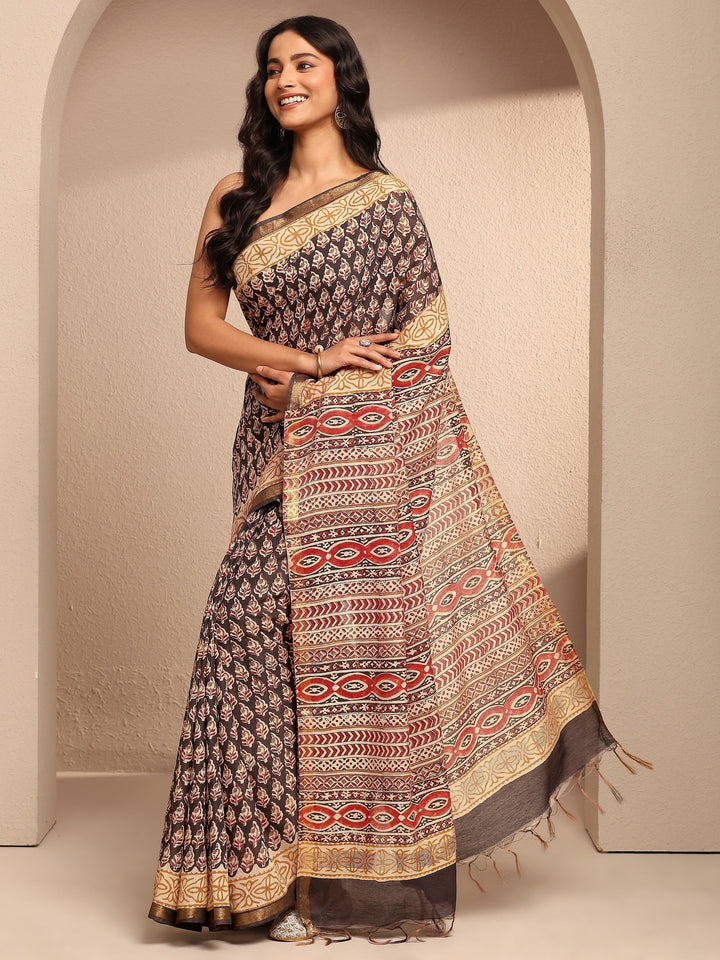 Black Printed Cotton Saree With Unstitched Blouse Piece