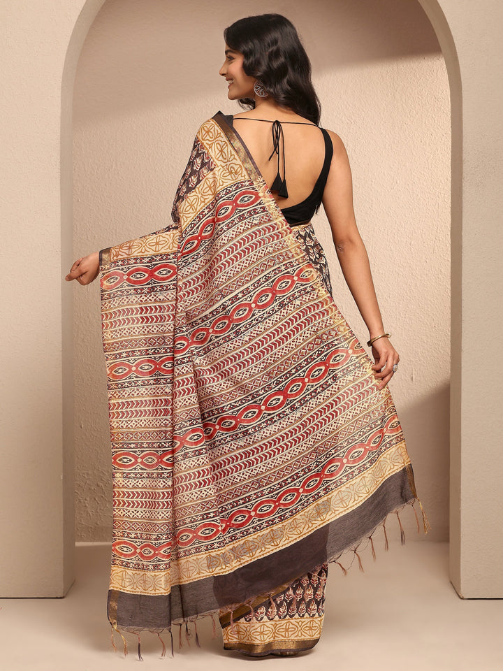 Black Printed Cotton Saree With Unstitched Blouse Piece
