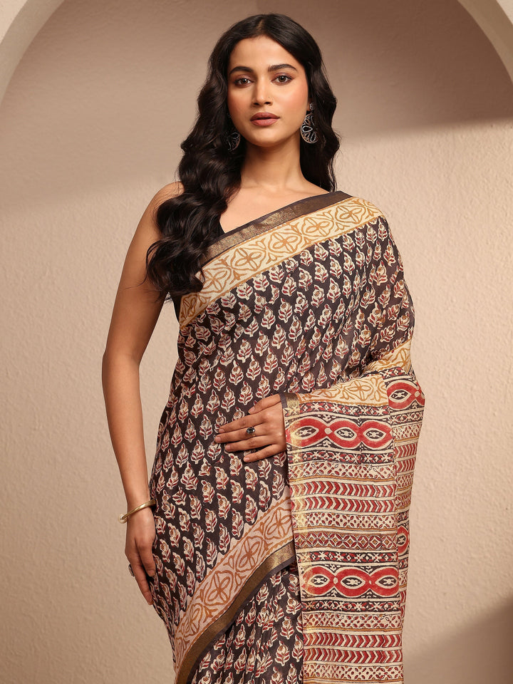 Black Printed Cotton Saree With Unstitched Blouse Piece