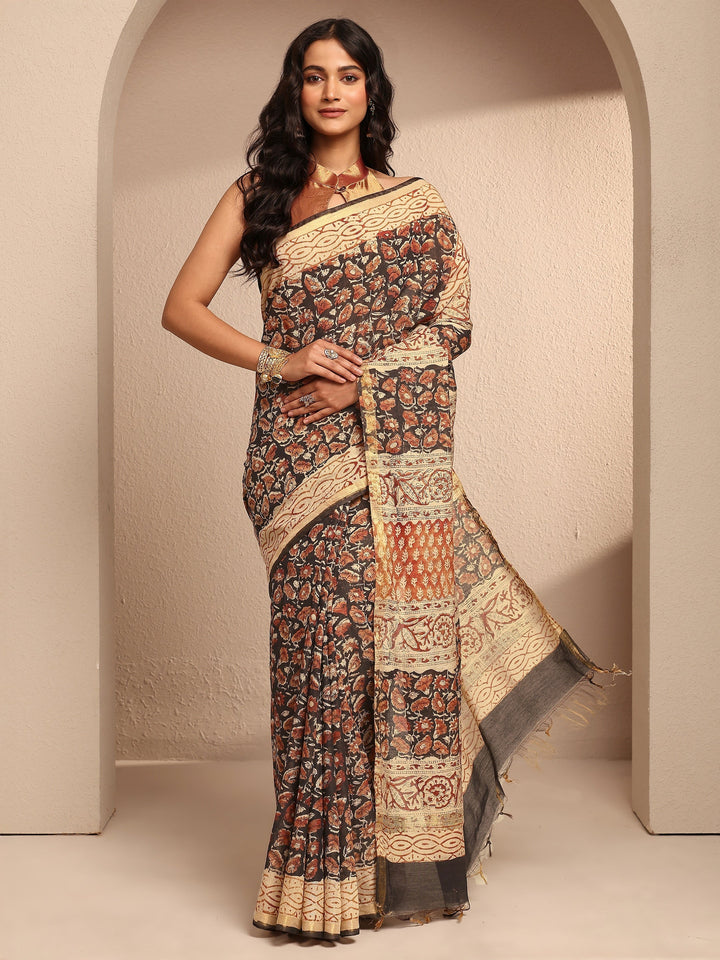 Black Block Printed Cotton Saree With Unstitched Blouse Piece