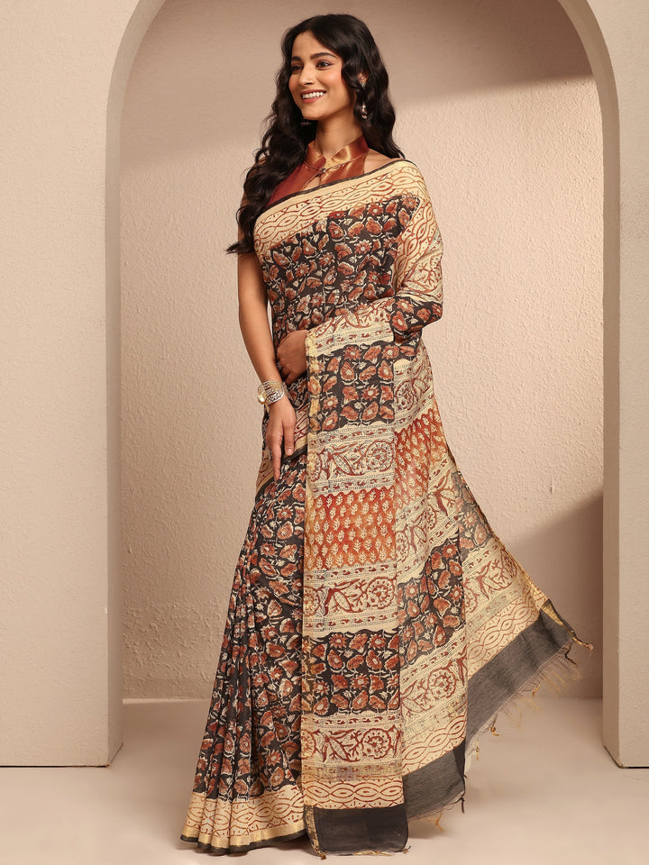 Black Block Printed Cotton Saree With Unstitched Blouse Piece