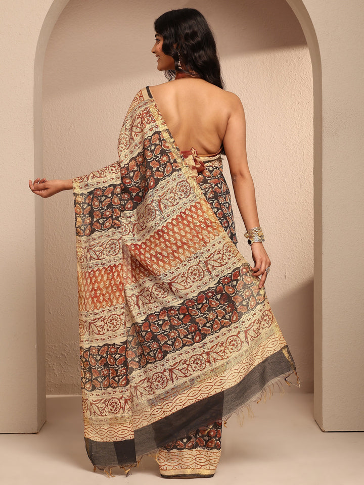 Black Block Printed Cotton Saree With Unstitched Blouse Piece