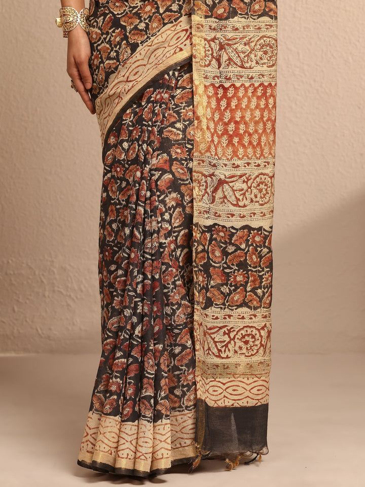 Black Block Printed Cotton Saree With Unstitched Blouse Piece