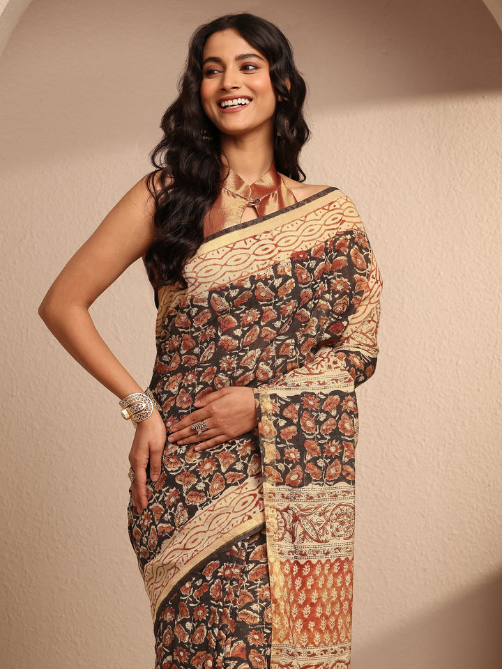 Black Block Printed Cotton Saree With Unstitched Blouse Piece