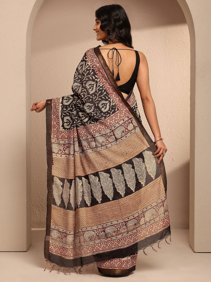 Black Printed Cotton Saree With Unstitched Blouse Piece