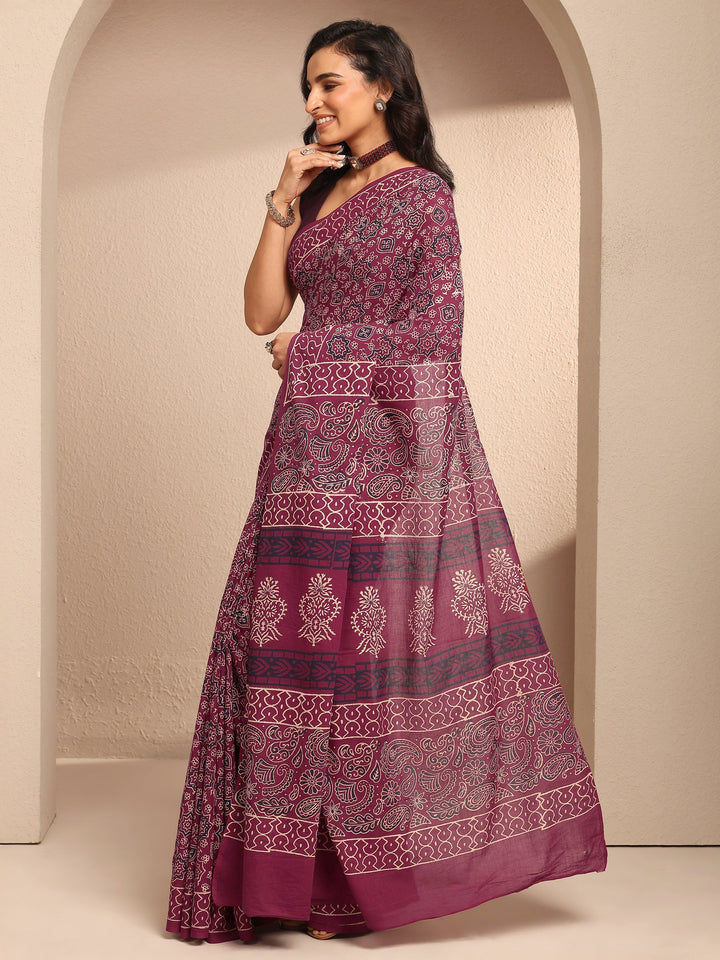 Burgundy Printed Cotton Saree With Unstitched Blouse Piece