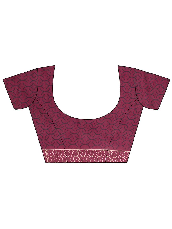 Burgundy Printed Cotton Saree With Unstitched Blouse Piece