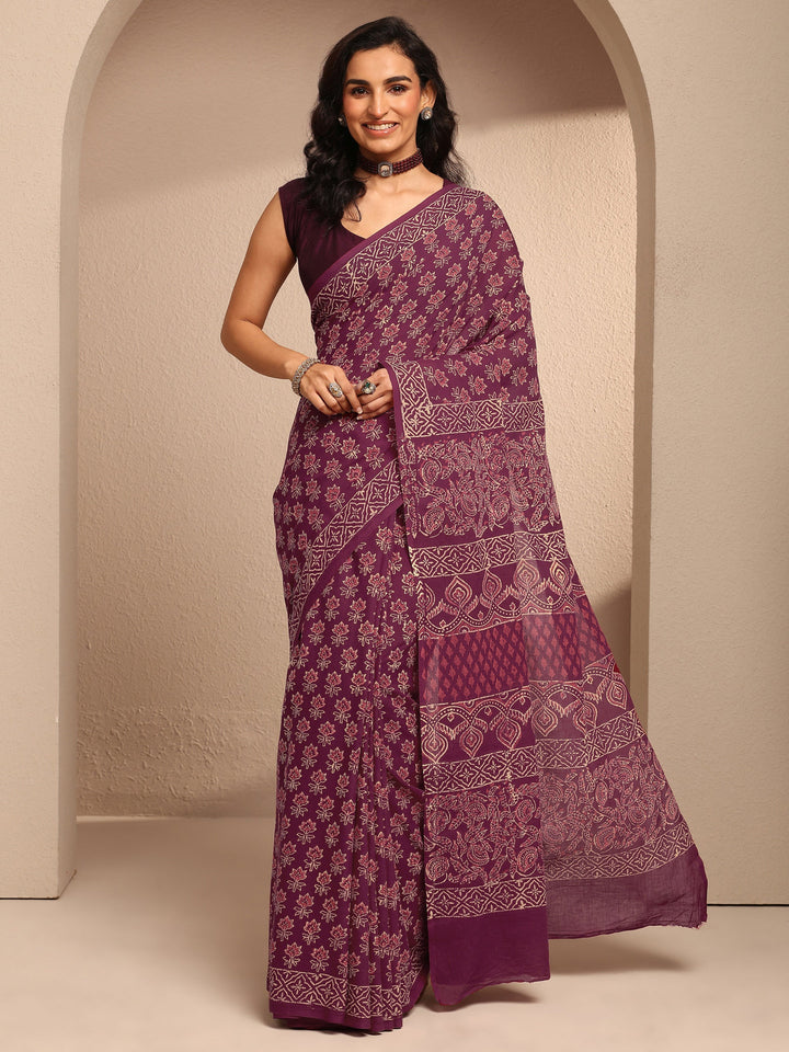 Maroon Printed Cotton Saree With Unstitched Blouse Piece