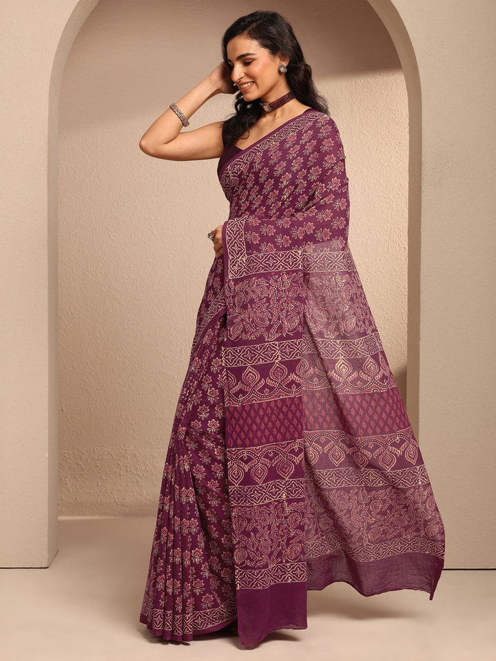 Maroon Printed Cotton Saree With Unstitched Blouse Piece