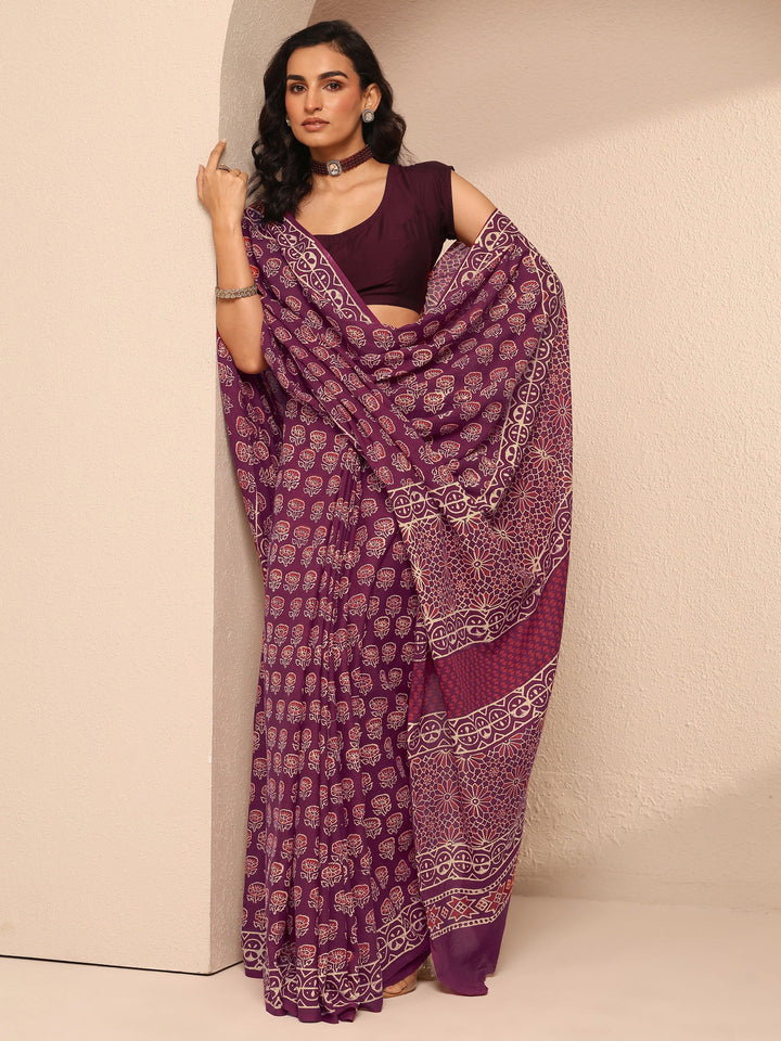 Maroon Printed Cotton Saree With Unstitched Blouse Piece