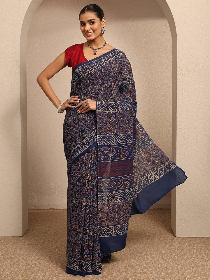 Blue Printed Cotton Saree With Unstitched Blouse Piece