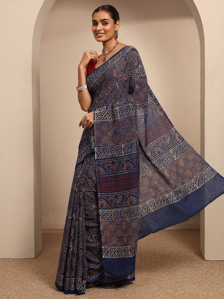 Blue Printed Cotton Saree With Unstitched Blouse Piece