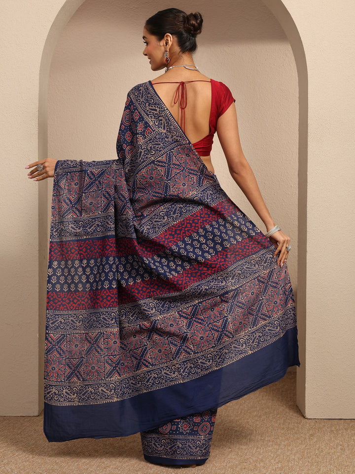 Blue Block Printed Cotton Saree With Unstitched Blouse Piece