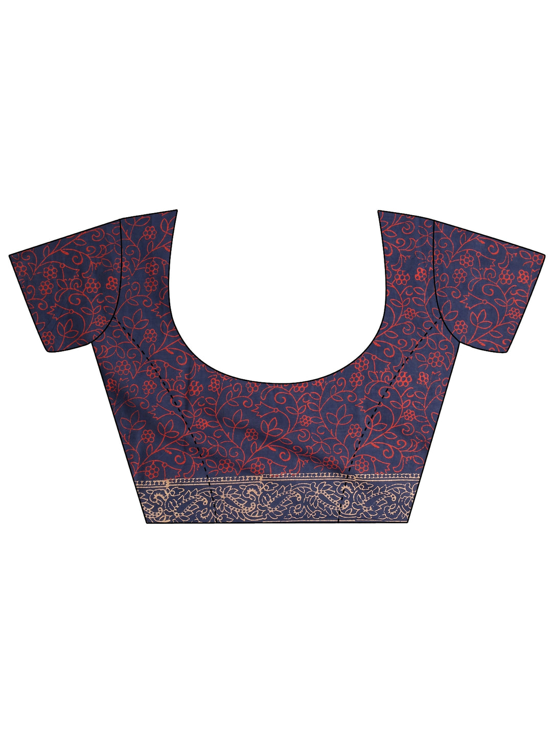 Blue Block Printed Cotton Saree With Unstitched Blouse Piece