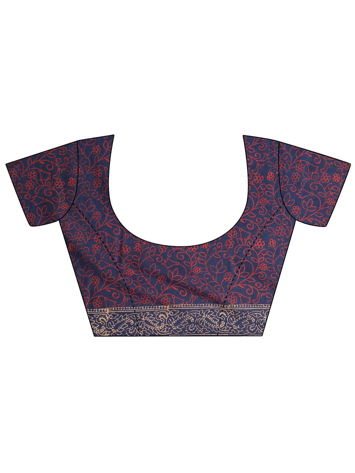 Blue Block Printed Cotton Saree With Unstitched Blouse Piece