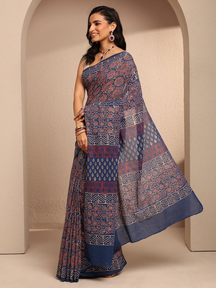 Blue Printed Cotton Saree With Unstitched Blouse Piece